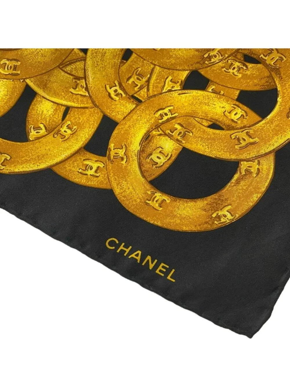 Chanel Scarf Black Dark Yellow Multi CC Logo